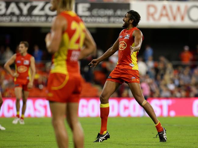 Tom Nicholls kicks a goal on half time during the round 6 AFL game between the Gold Coast Suns and Adelaide Crows at Metricon Stadium, Carrara. Pics Adam Head