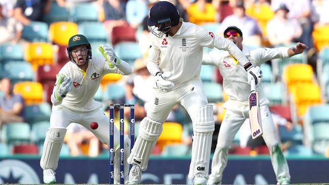 Wicketkeeper Tim Paine watches in horror as he drops a catch. Picture: Getty Images