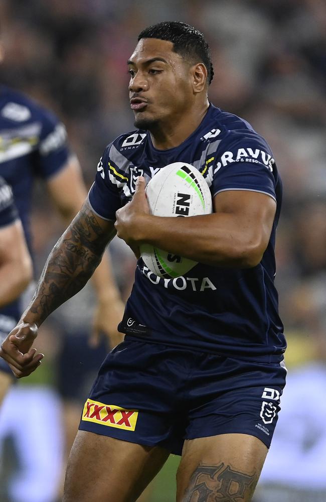 Thomas Mikaele of the Cowboys during the round nine NRL match between North Queensland Cowboys and Dolphins at Qld Country Bank Stadium, on May 04, 2024, in Townsville, Australia. (Photo by Ian Hitchcock/Getty Images)