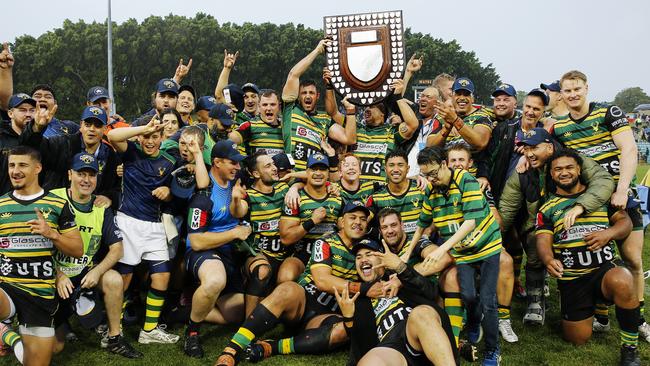 Gordon celebrating after winning the 2020 Shute Shield. Pic: Karen Watson.