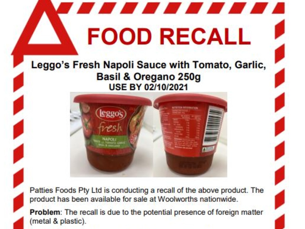 The Leggo's Fresh Napoli Sauce with tomato, garlic, basil and oregano has been recalled over fears of contamination.