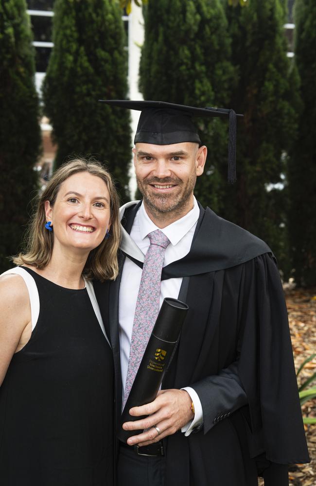 Bachelor of Business graduate Trent Leask with Hannah Paterson at a UniSQ graduation ceremony at The Empire, Wednesday, October 30, 2024. Picture: Kevin Farmer