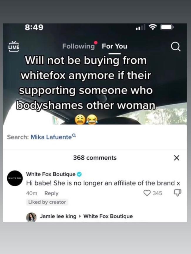 The brand confirmed its comments online to news.com.au. Picture: Instagram/AussieInfluencerOpinions