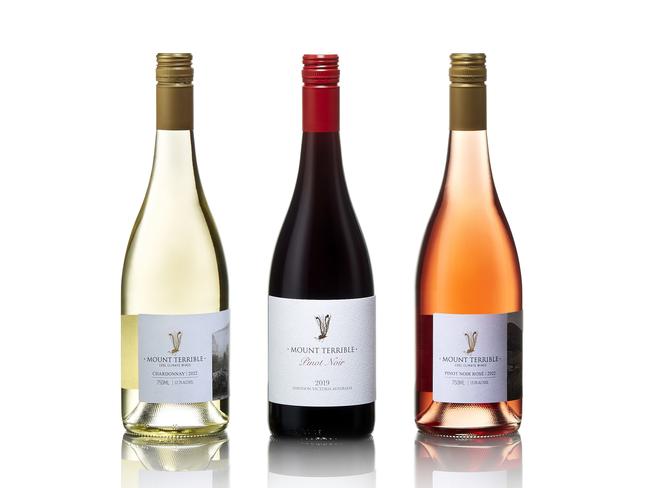 EMBARGO FOR TWAM 15 OCTOBER 2022. FEE MAY APPLY.  2022 Mount Terrible Chardonnay. 2019 Mount Terrible Jamieson Pinot Noir. 2022 Mount Terrible Pinot Noir Rose.