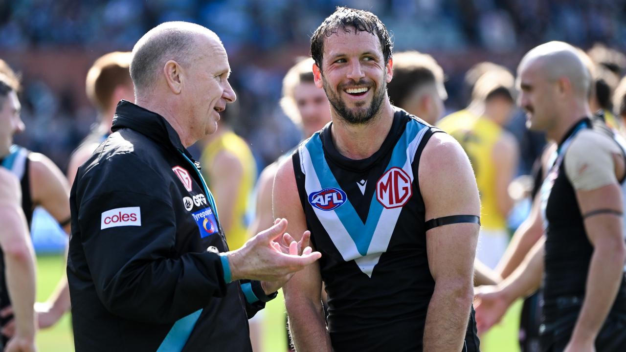 Port Adelaide champion Travis Boak says outgoing coach Ken Hinkley has been a father figure to many players. Picture: Mark Brake/Getty Images