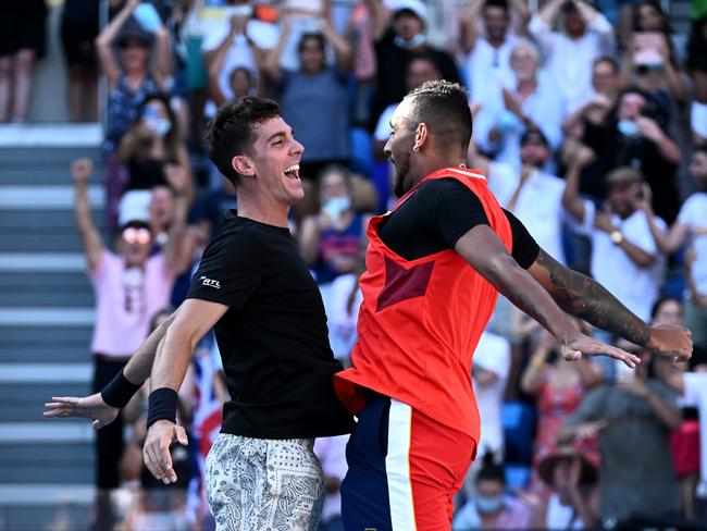 Thanasi Kokkinakis and Nick Kyrgios celebrate match point in their Men’s doubles quarterfinals match. Picture: Getty Images