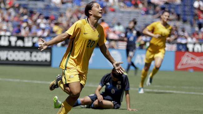 Australia forward Sam Kerr reacts after scoring against Japan in 2017