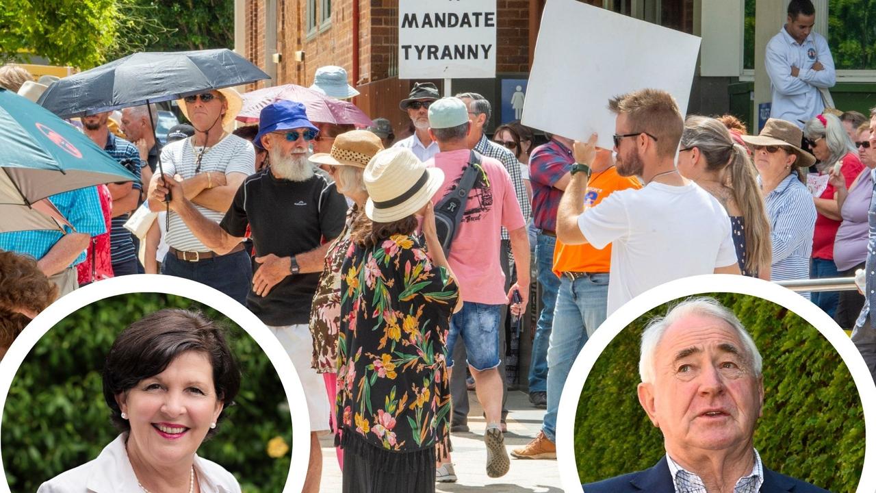 Councillor Nancy Sommerfield; Mayor Paul Antonio; an anti-vaccine mandate rally in Toowoomba.