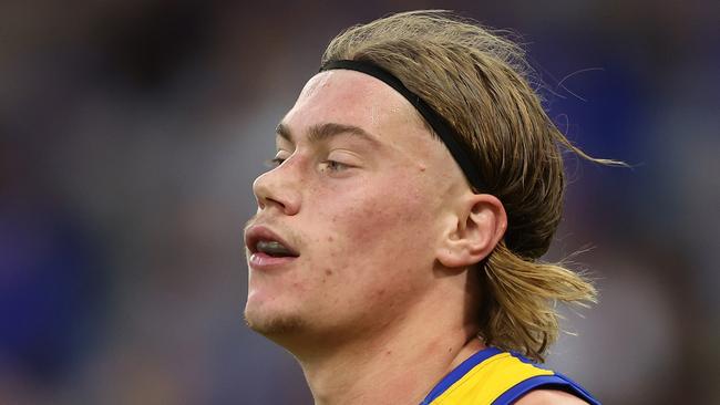 PERTH, AUSTRALIA - JUNE 01: Harley Reid of the Eagles looks on during the 2024 AFL Round 12 match between the West Coast Eagles and the St Kilda Saints at Optus Stadium on June 01, 2024 in Perth, Australia. (Photo by Will Russell/AFL Photos via Getty Images)