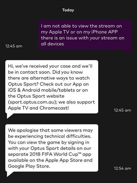 Optus customer query and response over World Cup streaming issues.