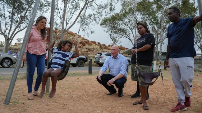 Opposition leader Peter Dutton pictured in Alice Springs, with Senator Jacinta Price, left, Kerry Pearce, Curtis Haines and their youngest son Damarie.