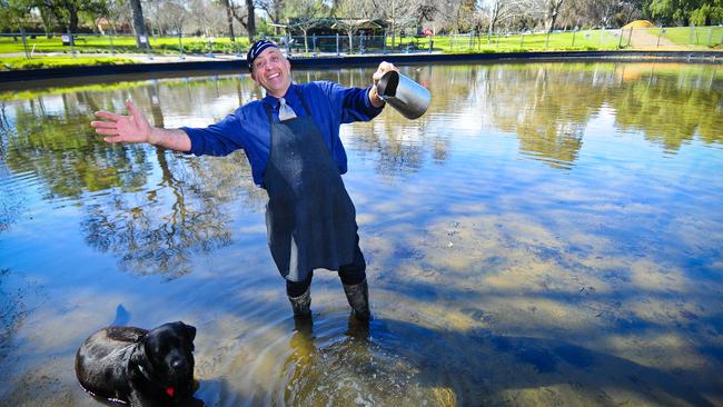 Arnie Rossis, pictured in 2008 in the Rymill Park lake. His family has announced this week it will not reopen the kiosk named in his honour. Picture: Roy Van Der Vegt