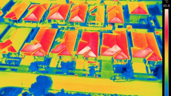 This thermal image shows homes in Jordan Springs, near Penrith, during a heatwave. Picture: Climate Council