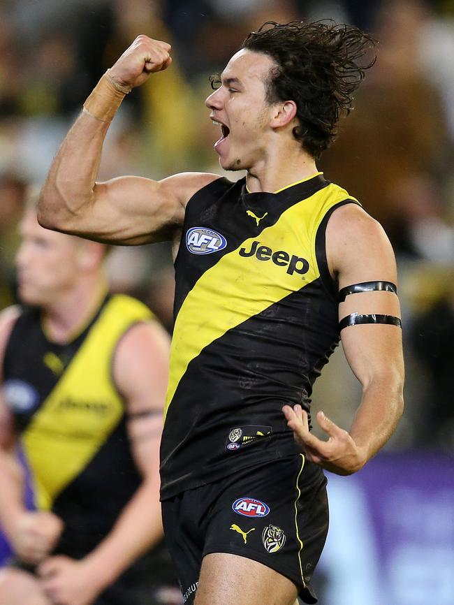 Daniel Rioli celebrates a third-term goal in the qualifying final win. Pic: Michael Klein