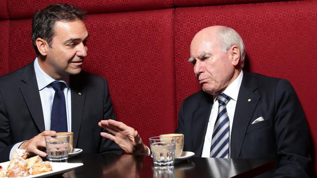 Former PM John Howard having coffee with Steven Marshall in 2014.