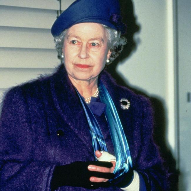 Visiting a hospital with her bandaged arm in a sling after breaking her wrist in 1994. Picture: Tim Graham Picture Library/Getty Images/The Times