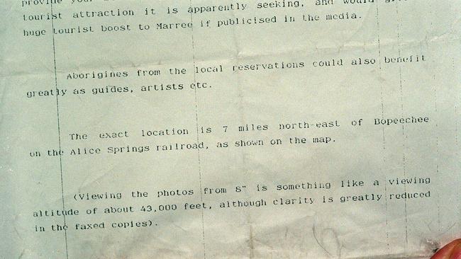 The original fax sent to the Marree Service Station, allegedly from the creator of the Marree Man.