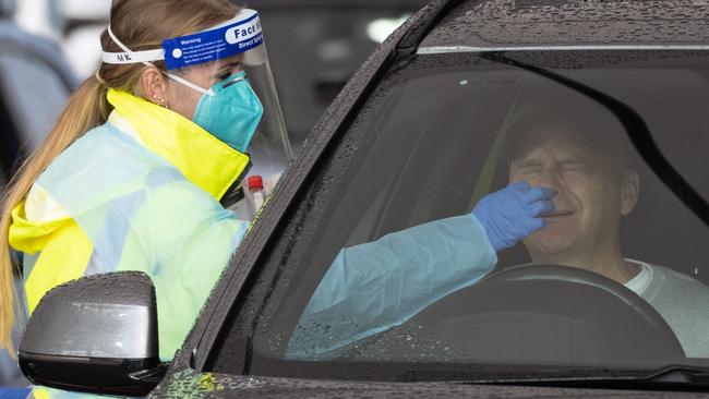 Healthcare workers performing Covid-19 tests at Bondi Beach, Sydney. Picture: NCA NewsWire / James Gourley