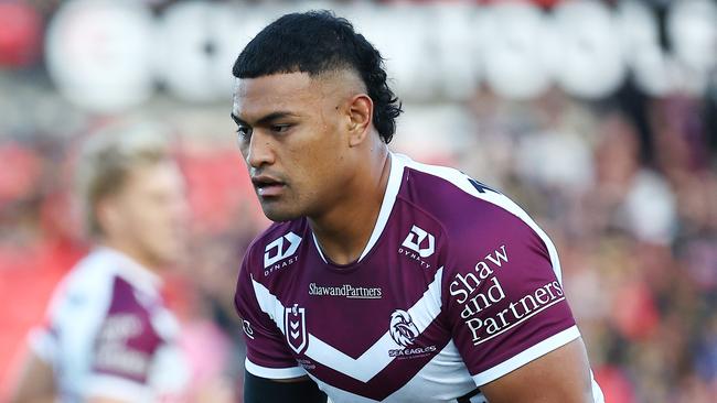 PENRITH, AUSTRALIA - JUNE 09: Haumole OlakauÃ¢â&#130;¬â&#132;¢atu of the Sea Eagles warms up prior to the round 14 NRL match between Penrith Panthers and Manly Sea Eagles at BlueBet Stadium, on June 09, 2024, in Penrith, Australia. (Photo by Jeremy Ng/Getty Images)