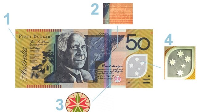 Things to look out for when looking for a counterfeit $50 note from the RBA website.