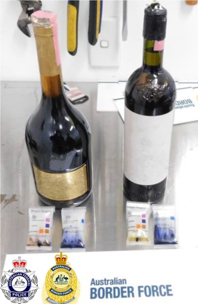 Wine bottles allegedly containing methamphetamine, seized at Sydney Airport this month. Picture: Supplied