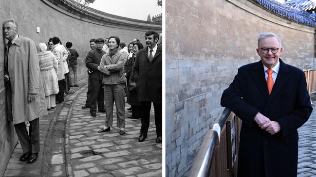 Former Australian prime minister Gough Whitlam visiting Beijing's Whispering Wall in 1973, and Prime Minister Anthony Albanese visiting on November 6, 2023. Picture: Supplied