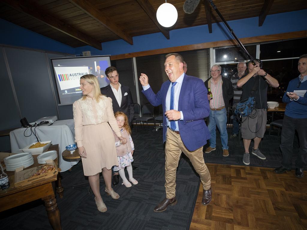 Jeff Kennel, Beth Pearce (mum) celebrate Braddon Liberal Gavin Pearce's win at Burnie. Picture: CHRIS KIDD