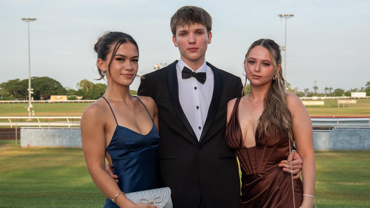 Chelsea Gass, Rebecca Hyde and Brodie Chatterton at the Taminmin College Year 12 School formal at Darwin Turf Club, 2024. Picture: Pema Tamang Pakhrin