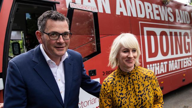 Victorian Premier Daniel Andrews and his wife Catherine arrive at Goodstart Early Learning during the 2022 Victorian state election campaign in Narre Warren on Sunday. Victorians go to the polls on Saturday. Picture: AAP Image/Diego Fedele