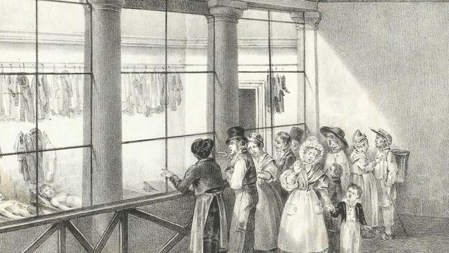 Medicine men: People visiting the morgue in Paris to view the cadavers in a sketch from the Wellcome Collection.