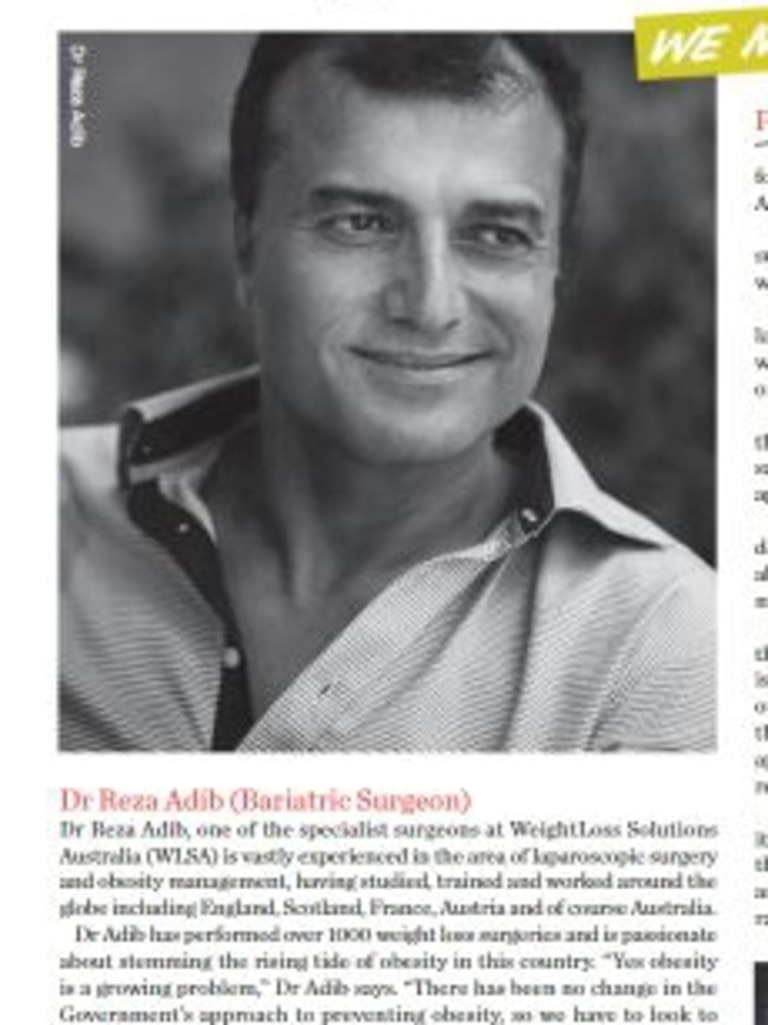 Dr Reza Adib profiled as the Weight Loss Solutions surgeon in a 2013 edition of Slim Magazine.