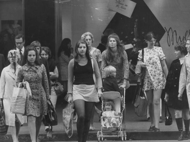 The typical 1972 Australian woman — young and old — as seen in a Melbourne street. Picture: Herald Sun