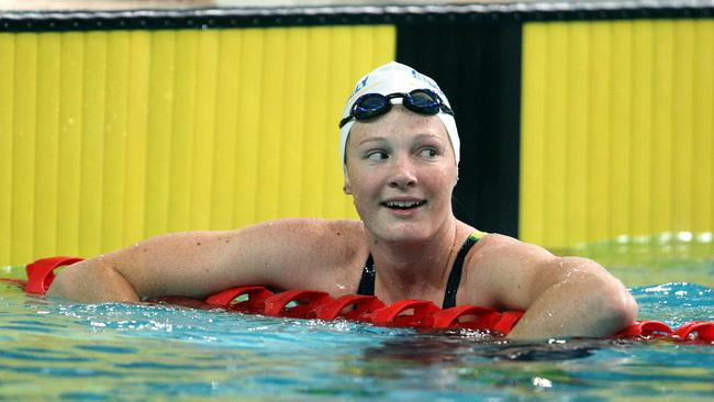 Cate Campbell, pictured here after winning the 50m freestyle final during the Queensland Championships in 2007, has been competing at the state championships for more than half her life. Photo: Courier Mail