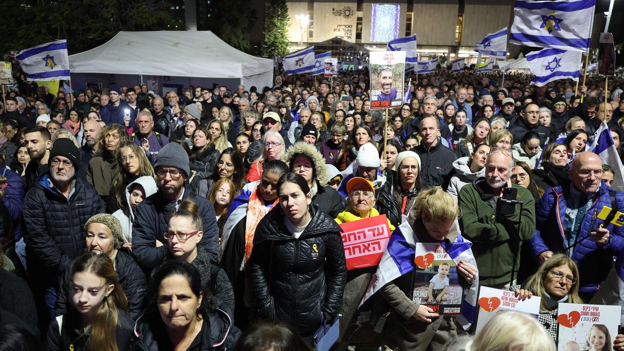 Crowds gather at hostage square in Tel Aviv, hours after the Palestinian group Hamas handed over the bodies of four hostages from the Gaza Strip. Picture: Jack Guez / AFP