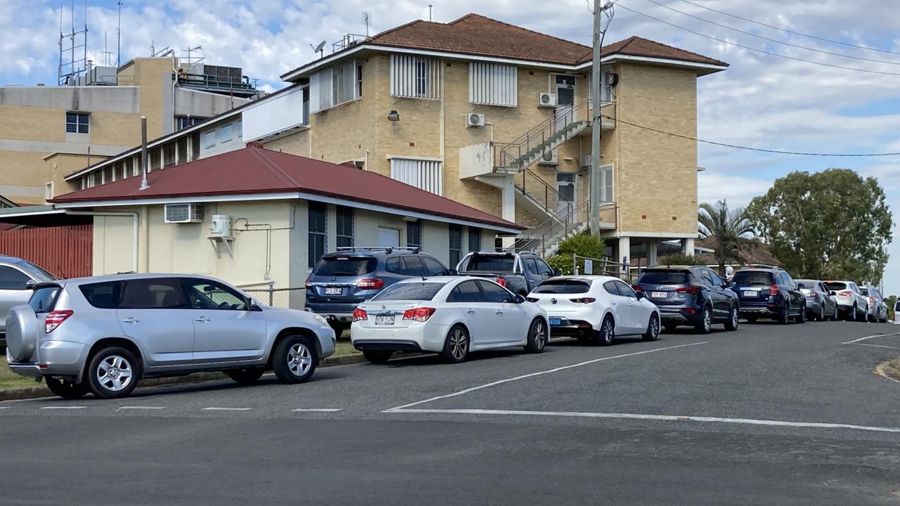 Gympie Hospital Covid testing lineup on Monday, August 2. Photo: Scott Kovacevic.