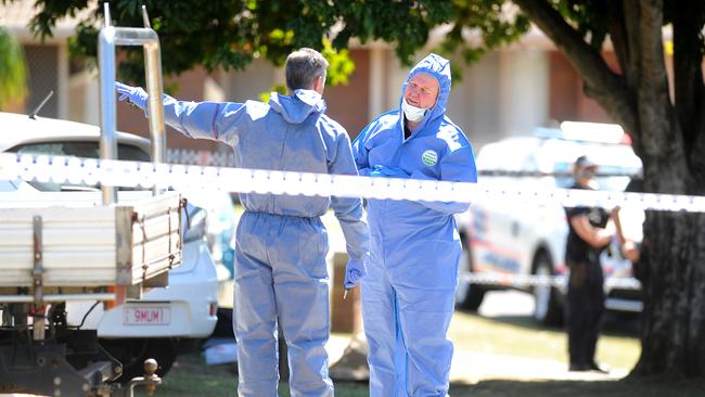 Investigators on scene following an alleged murder at Murrumba Downs. Picture: John Gass