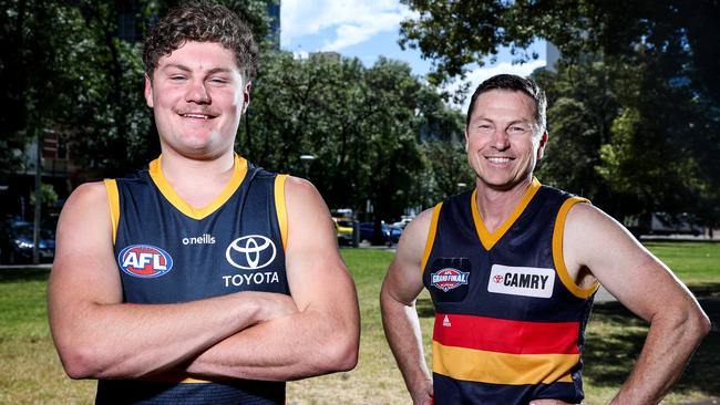 Former Crows captain Mark Bickley (right), pictured with young gun Harry Schoenberg, believes Mackay was going for the ball and did not have any malicious intent. Picture: Sarah Reed