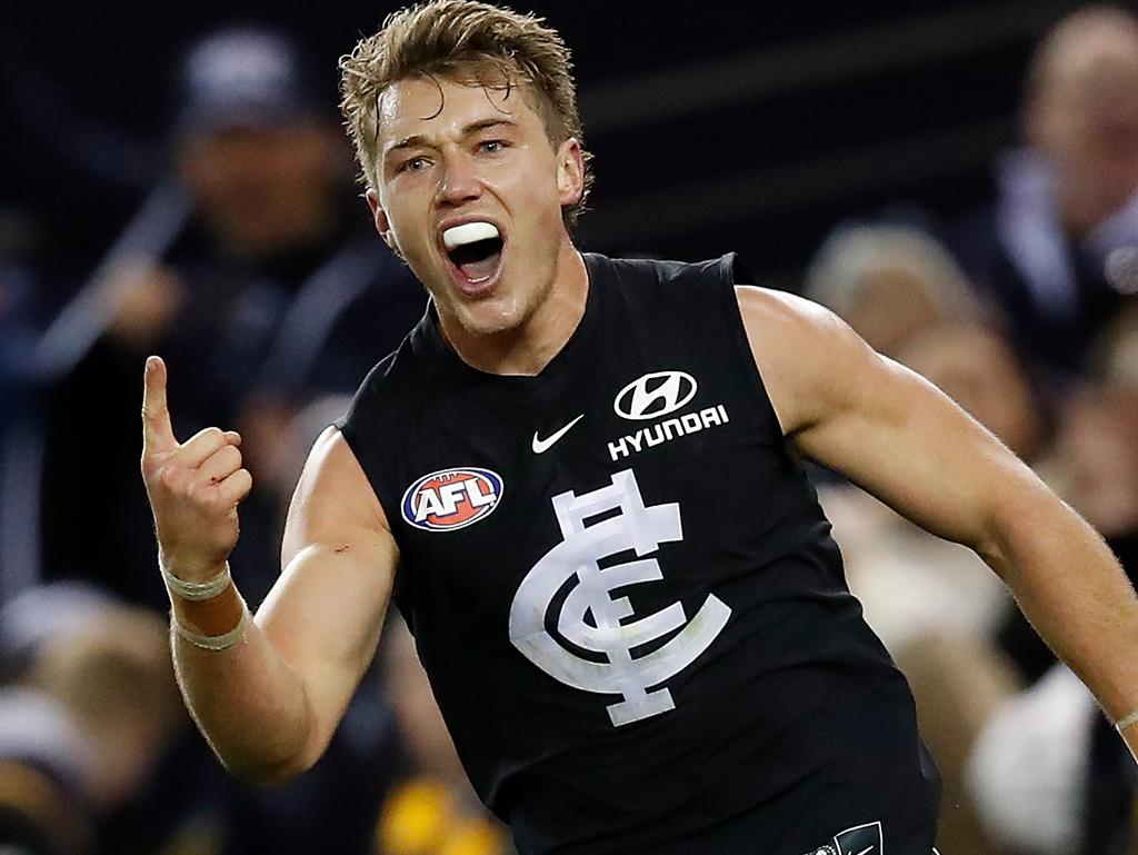 MELBOURNE, AUSTRALIA - JULY 22: Patrick Cripps of the Blues celebrates a goal during the 2018 AFL round 18 match between the Carlton Blues and the Hawthorn Hawks at Etihad Stadium on July 22, 2018 in Melbourne, Australia. (Photo by Adam Trafford/AFL Media/Getty Images)