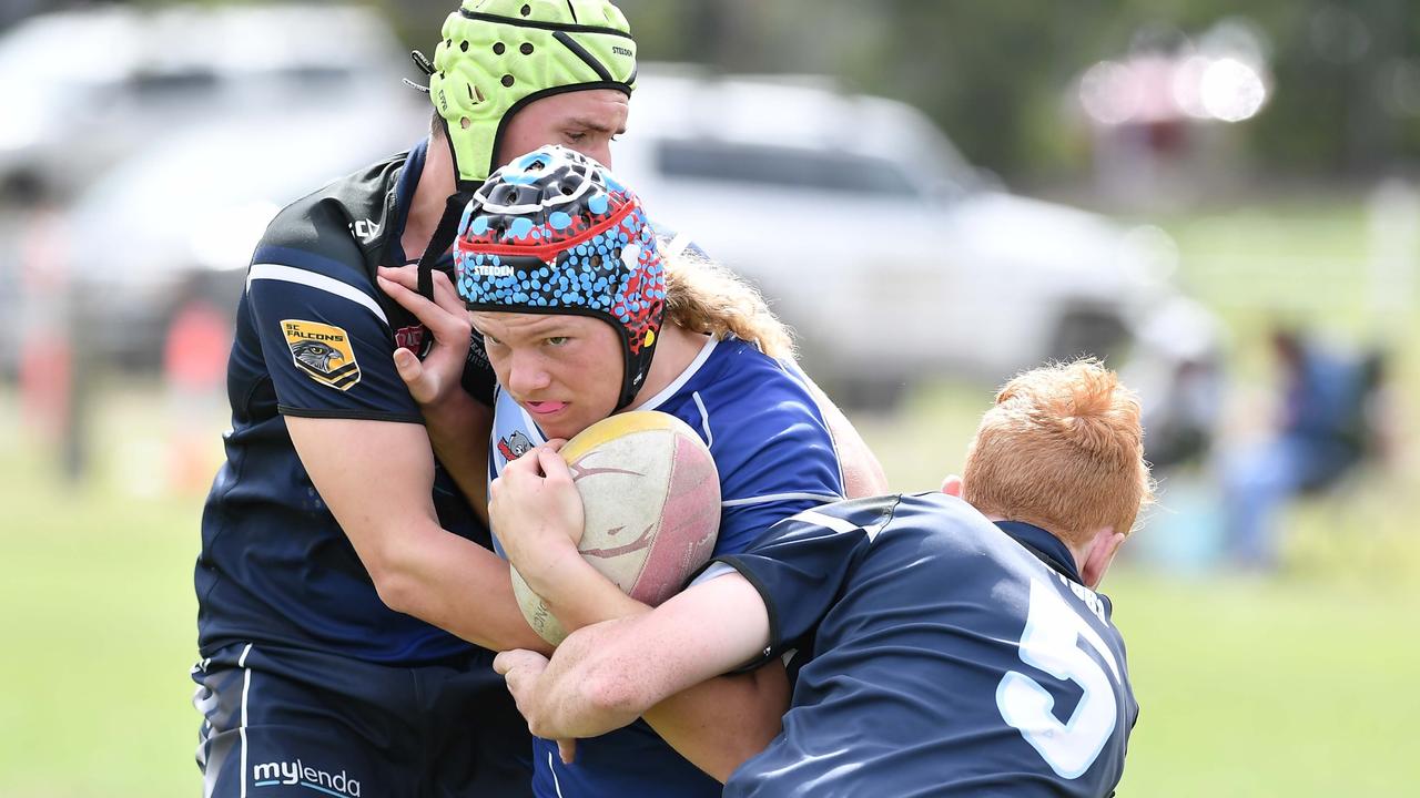 RUGBY LEAGUE: Justin Hodges and Chris Flannery 9s Gala Day. Grand final, Caloundra State High School V Redcliffe State High, year 12. Caloundra's Douglas Smell (green cap). Picture: Patrick Woods.