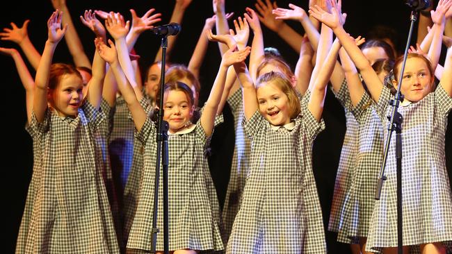 St Thomas Primary School students performing at the Geelong Schools Music and Movement Festival. Picture: Alison Wynd