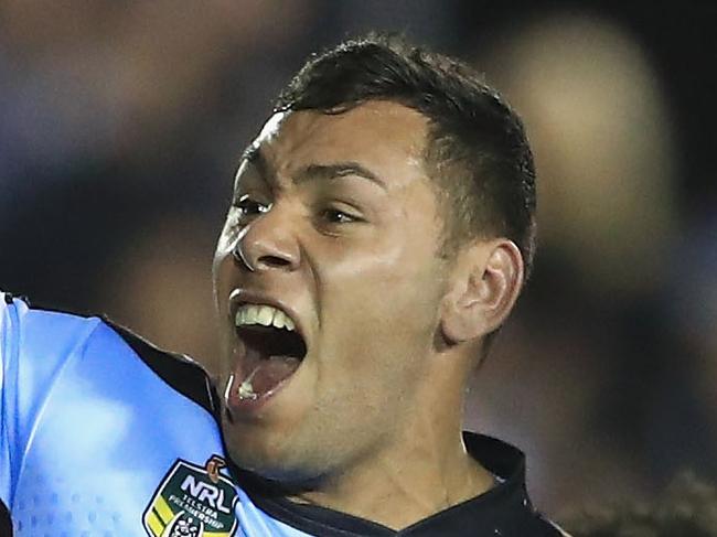 SYDNEY, AUSTRALIA - MAY 20:  Jesse Ramien of the Sharks celebrates a try during the round 11 NRL match between the Cronulla Sharks and the Canterbury Bulldogs at Southern Cross Group Stadium on May 20, 2018 in Sydney, Australia.  (Photo by Mark Evans/Getty Images)