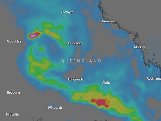 Queensland will continue to be lashed by severe storms for days to come, as a new trough pulls moisture from ex-tropical cyclone Kirrily south. Picture: Windy