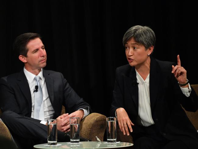 Senator Simon Birmingham and Labor Senator for South Australia Penny Wong are seen during an election debate at the South Australian Press Club, Adelaide, Wednesday, May 8, 2019. (AAP Image/David Mariuz) NO ARCHIVING