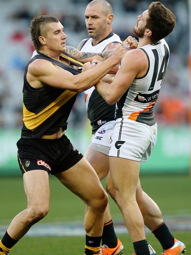 Dustin Martin takes issue with Tom Bugg. Picture: Tim Carrafa