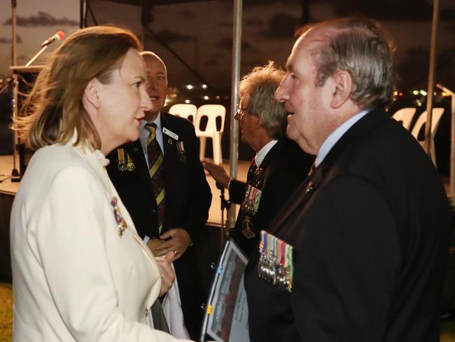 Councillor Brooke Patterson speaks to President of Southport RSL Sub Branch John Riebeling at last year’s Dawn Service in Southport. Picture: Glenn Hampson.