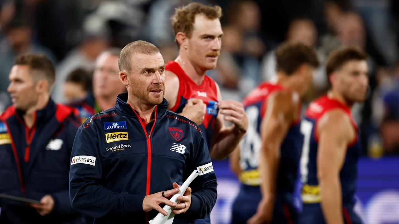 GEELONG, AUSTRALIA – APRIL 04: Simon Goodwin, Senior Coach of the Demons looks on during the 2025 AFL Round 04 match between the Geelong Cats and the Melbourne Demons at GMHBA Stadium on April 4, 2025 in Geelong, Australia. (Photo by Michael Willson/AFL Photos via Getty Images)