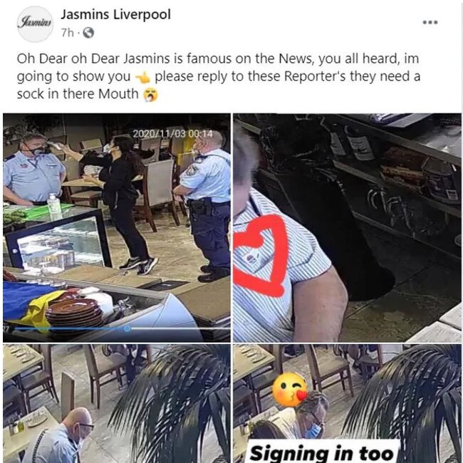 Jasmins Liverpool Facebook page posted images of police officers and NSW Health workers signing in as supposed evidence they had followed the rules before they were shut down by NSW Health.