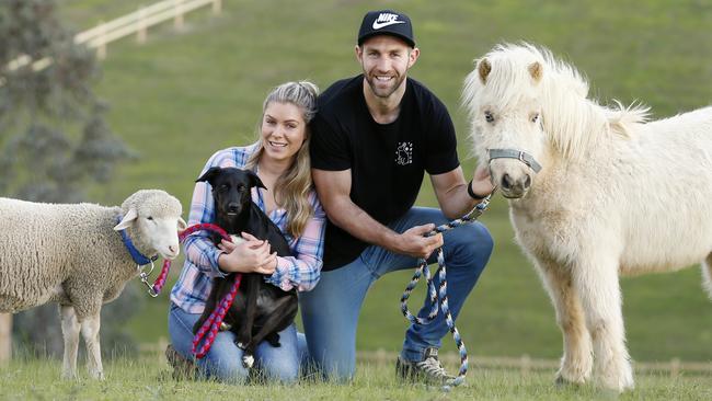 Collingwood player Travis Cloke and fiance Beccy Panozza with some of their pets - Marley the border collie x kelpie, Lima Bean the sheep and Jax the pony at their property. Picture: David Caird