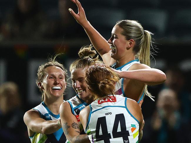 ADELAIDE, AUSTRALIA - OCTOBER 10: Matilda Scholz of the Power celebrates a goal during the 2024 AFLW Round 07 match between the Port Adelaide Power and the Collingwood Magpies at Alberton Oval on October 10, 2024 in Adelaide, Australia. (Photo by Sarah Reed/AFL Photos via Getty Images)