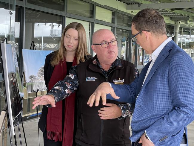 Ripon MP Martha Haylett, Ballarat mayor Des Hudson, and Sport Minister Steve Dimopoulos at Eureka Stadium..